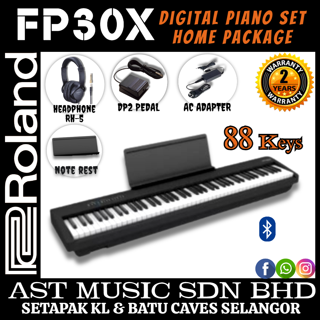 Roland FP-30X Home/Studio Bundle with Digital Piano, Stand, Pedals, Bench,  Headphones, and Cover (Black)