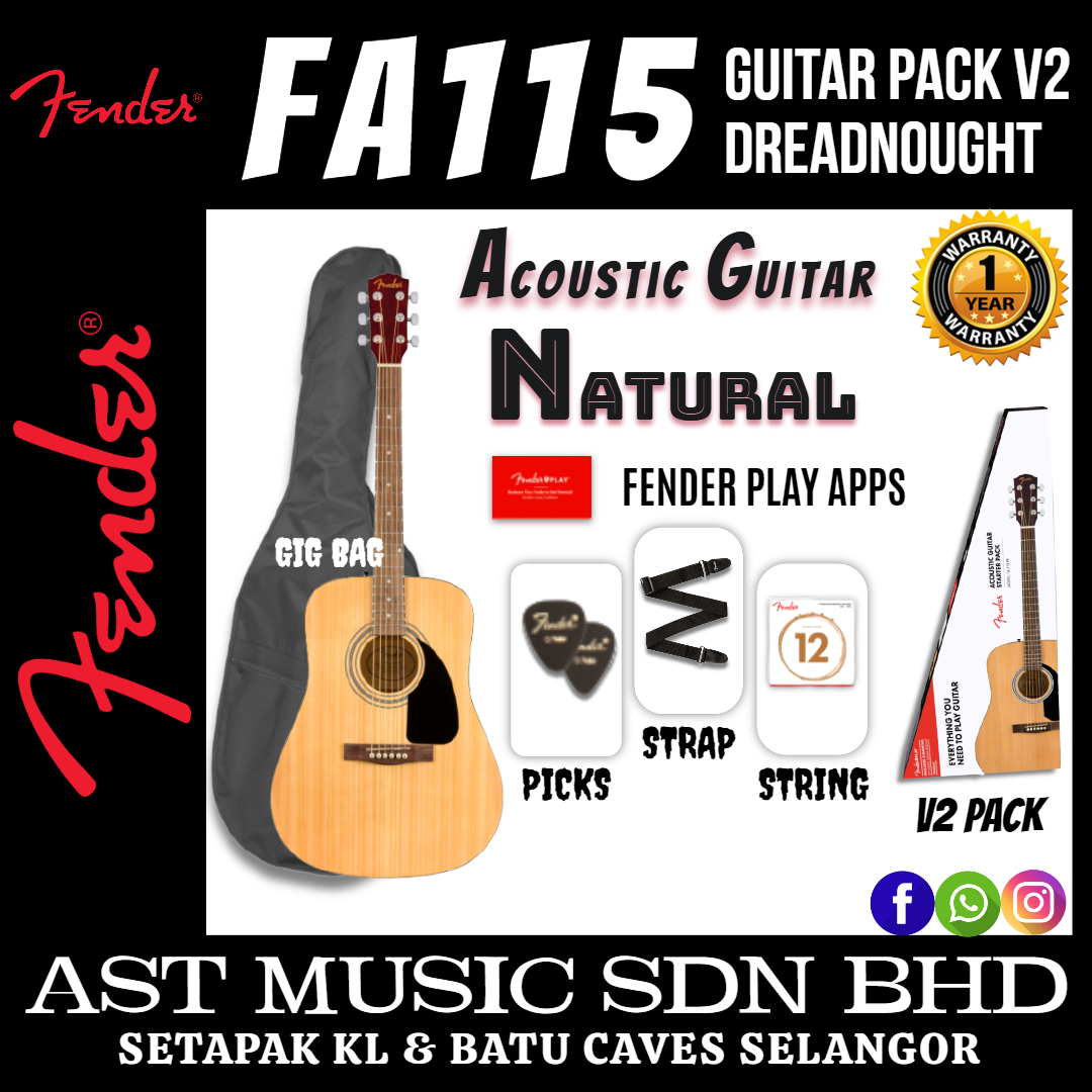 Natural　Music　Pack　115　Fender　Bhd　Guitar　FA　FA-115　FA115　Dreadnought　Fretboard　V2　Walnut　AST　Sdn