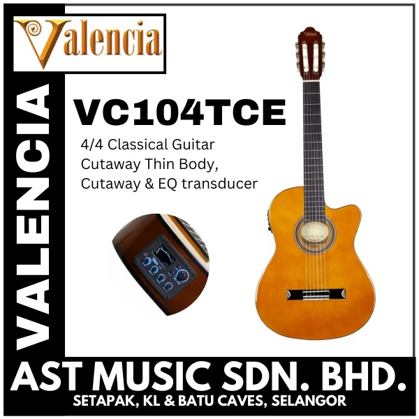 VALENCIA VC104TCE 4/4 Classical Guitar C/w Thin Body ,Cutaway & EQ transducer / VC 104 TCE