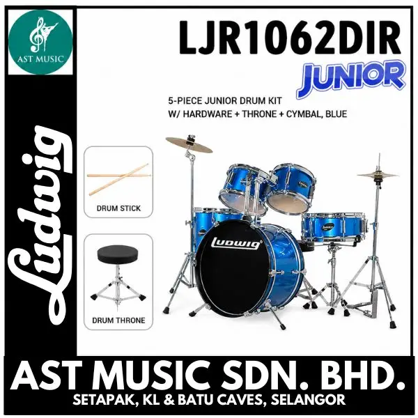 Ludwig LJR1062DIR 5-Piece Junior Drum Kit w/ Hardware+Throne+Cymbal, Blue