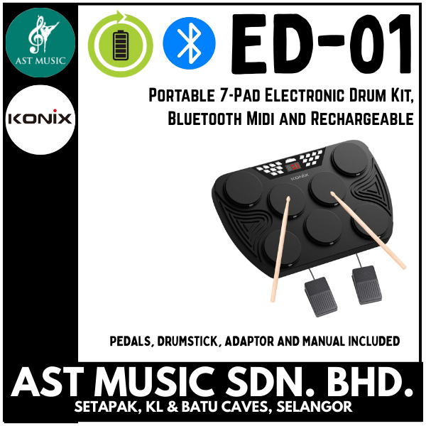 Konix ED-01 Portable 7-Pad Electronic Drum Kit, Bluetooth Midi and Rechargeable / ED 01 / ED01