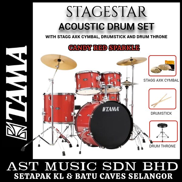 TAMA ST52H6-CDS Stagestar Series 5-Piece Drum Kit with Stagg AXK Cymbal, Drumstick and Drum Throne - Candy Red Sparkle