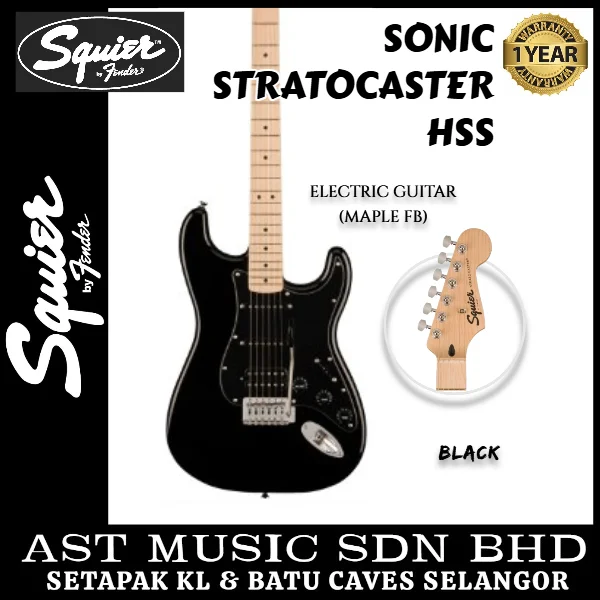Squier Sonic Stratocaster HSS Electric Guitar w/Black Pickguard, Maple FB – Black