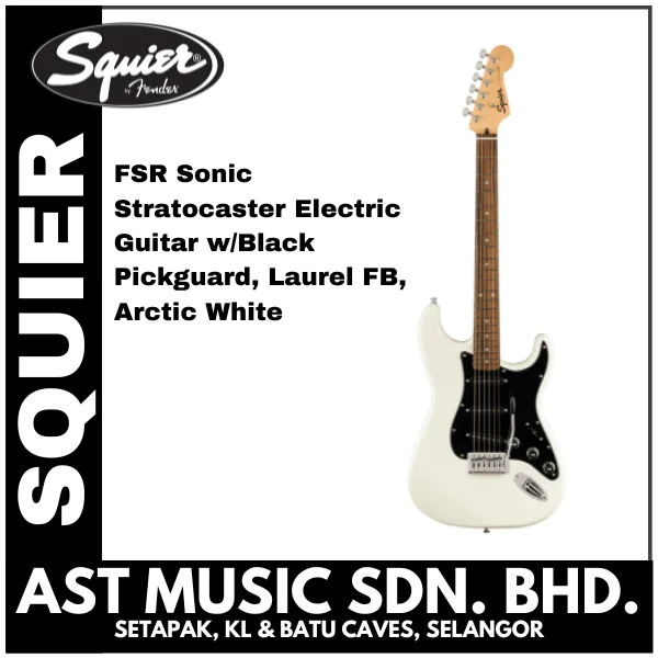 Squier FSR Sonic Stratocaster Electric Guitar w/Black Pickguard, Laurel FB, Arctic White