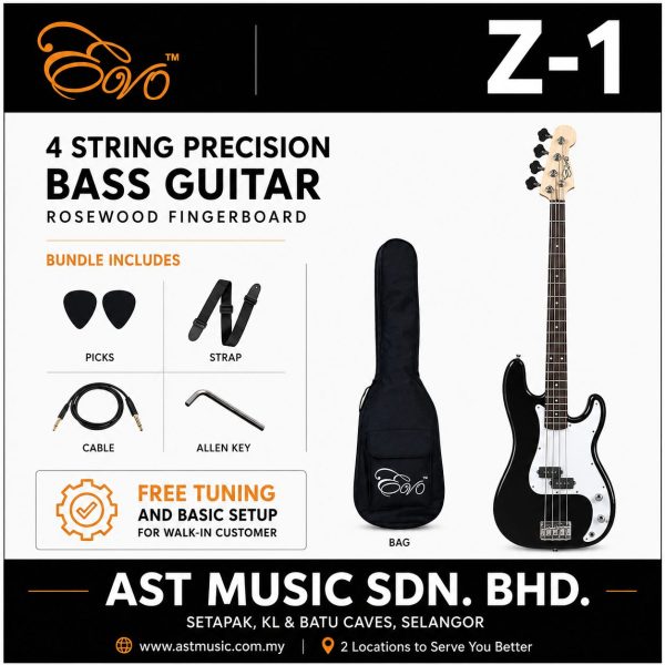 Evo Z-1 4 String Precision Bass Guitar Rosewood Fingerboard (Z1) - Black
