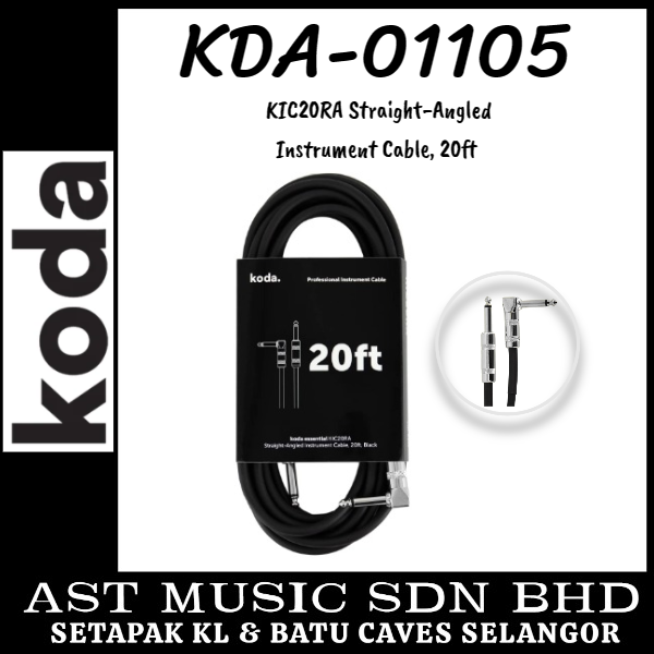 Koda Essential KIC20RA, Straight-Angled Instrument Cable – 20ft / Black / KDA01105