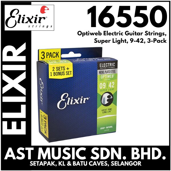 Elixir 16550 Optiweb Electric Guitar Strings, Super Light, 9-42, 3-Pack