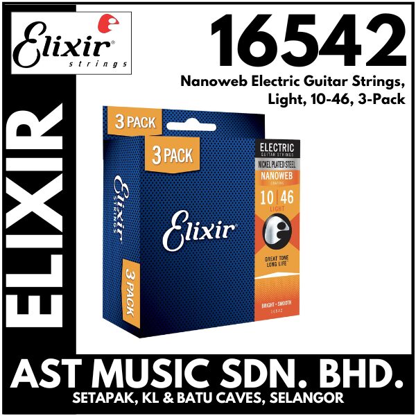 Elixir 16542 Nanoweb Electric Guitar Strings, Light, 10-46, 3-Pack