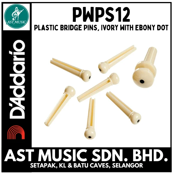 D’Addario PWPS12 Plastic Bridge Pins, Ivory with Ebony Dot
