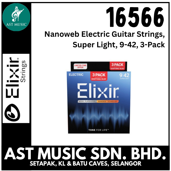 Elixir 16566 Nanoweb Electric Guitar Strings, Super Light, 9-42, 3-Pack