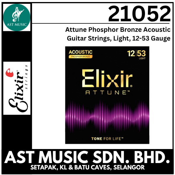 Elixir Strings 21052 Attune Phosphor Bronze Acoustic Guitar Strings, Light, 12-53 Gauge