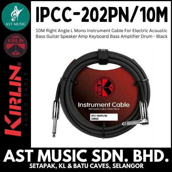 Kirlin Cable IPCC-202PN/10M Right Angle L Mono Instrument Cable For Electric Acoustic Bass Guitar Speaker Amp Keyboard Bass Amplifier Drum - Black - 10M