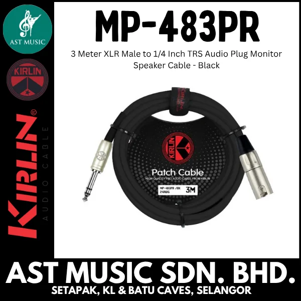 Kirlin MP-483PR 3 Meter XLR Male to 1/4 Inch TRS Audio Plug Monitor Speaker Cable - Black