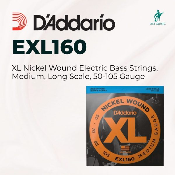 D’Addario EXL160 XL Nickel Wound Electric Bass Strings, Medium, Long Scale, 50-105 Gauge